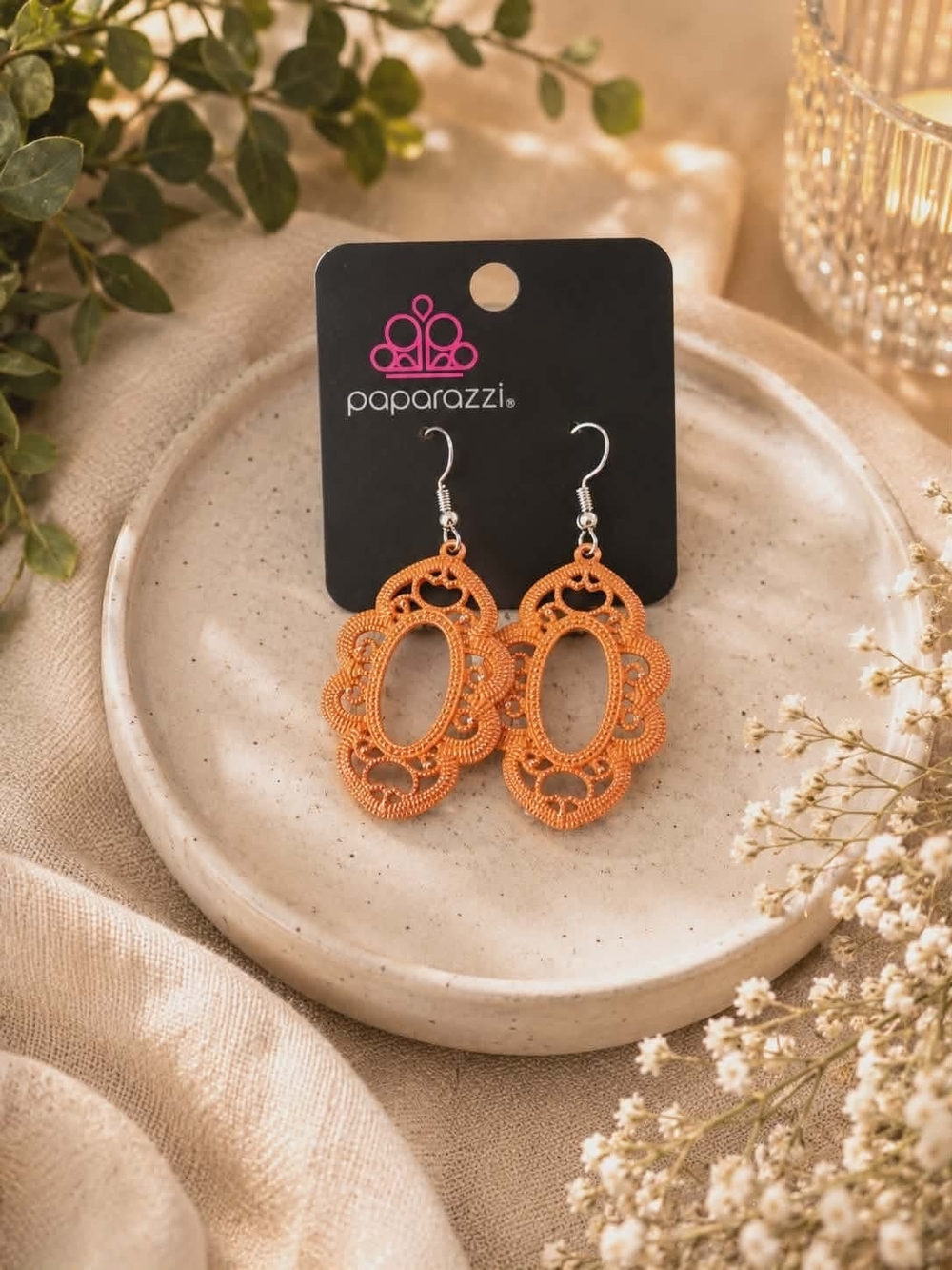 paparazzi Orange Filigree Oval Drop Earrings